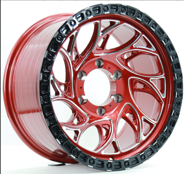 DX203 17*9.0/-1/6*139.7/110.1/糖果红全涂重力旋压+耳部套半哑黑+铣窗口